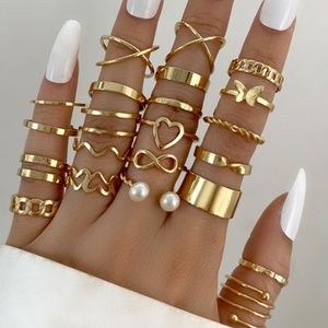 22 Ring Set Gold Tone Lot